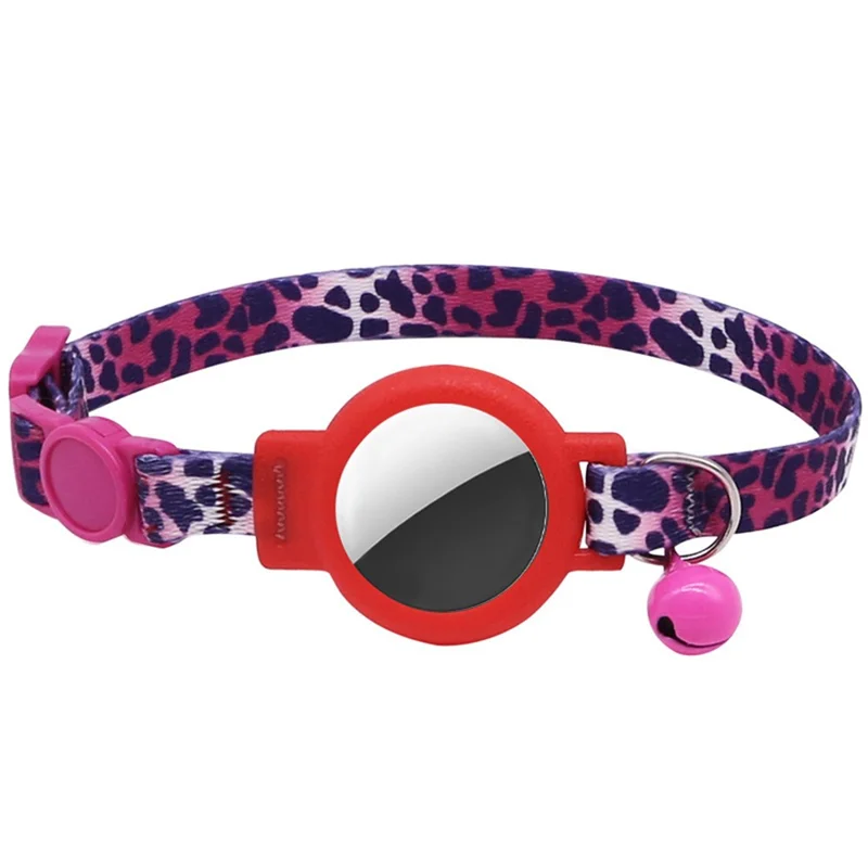 Adjustable Nylon Pet Collar with Silicone Case for AirTag GPS Tracker Cover with Bell Pendant ST - Rose Leopard