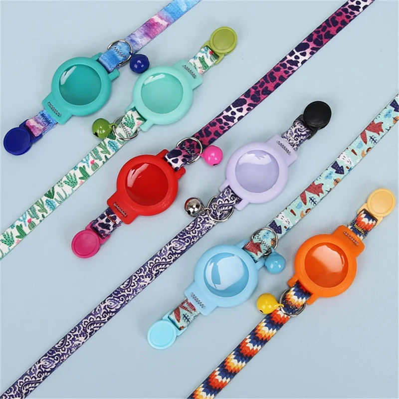 Adjustable Nylon Pet Collar with Silicone Case for AirTag GPS Tracker Cover with Bell Pendant ST - Rose Leopard
