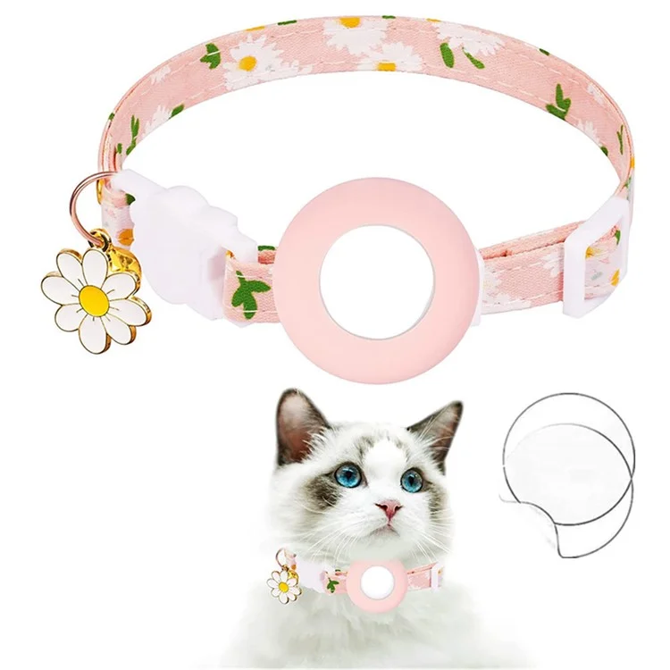 Daisy Pattern Adjustable Pet Collar with Silicone Case + Protective Film for AirTag Tracker - Pink