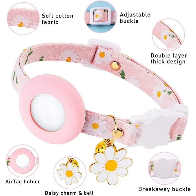 Daisy Pattern Adjustable Pet Collar with Silicone Case + Protective Film for AirTag Tracker - Pink