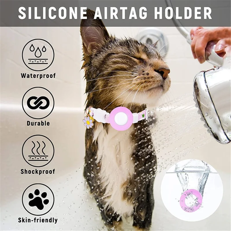 Collar ajustable con patrón de margaritas y funda de silicona + Película protectora para el rastreador AirTag - Morado