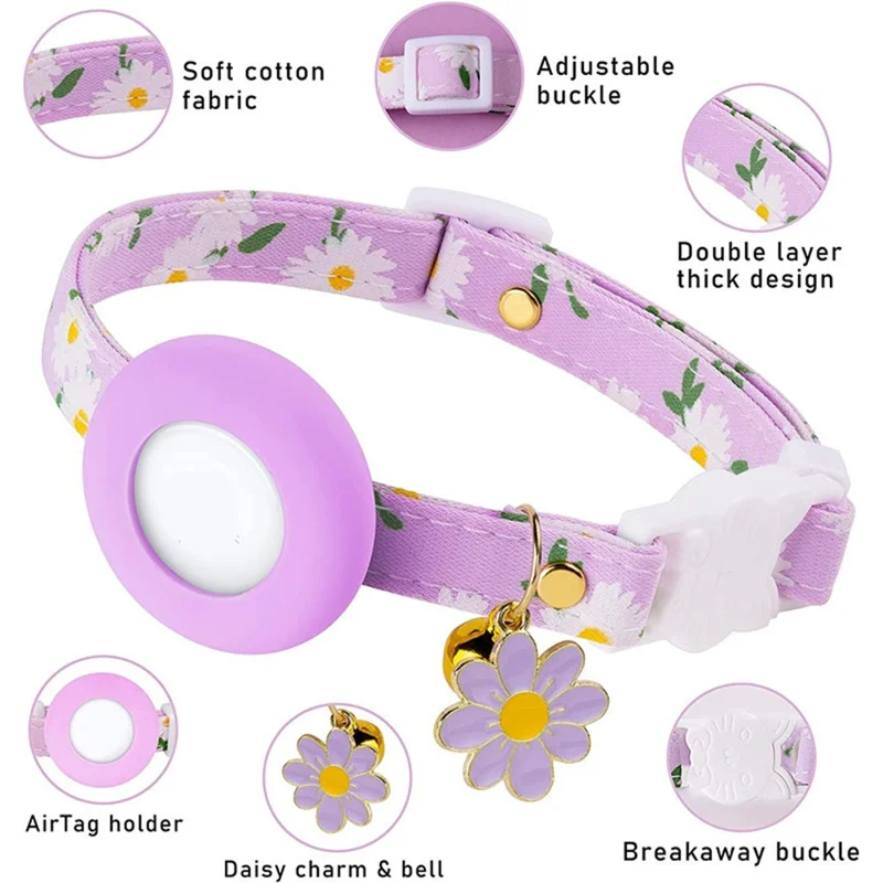 Collar ajustable con patrón de margaritas y funda de silicona + Película protectora para el rastreador AirTag - Morado