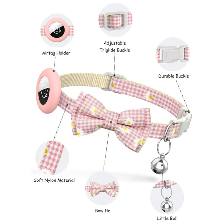 Para o rastreador anti-perdido AirTag Silicone Case Grid Daisy Pattern Pet Safety Collar with Bow - Pink