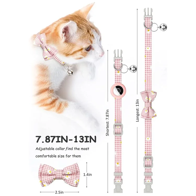 Para o rastreador anti-perdido AirTag Silicone Case Grid Daisy Pattern Pet Safety Collar with Bow - Pink