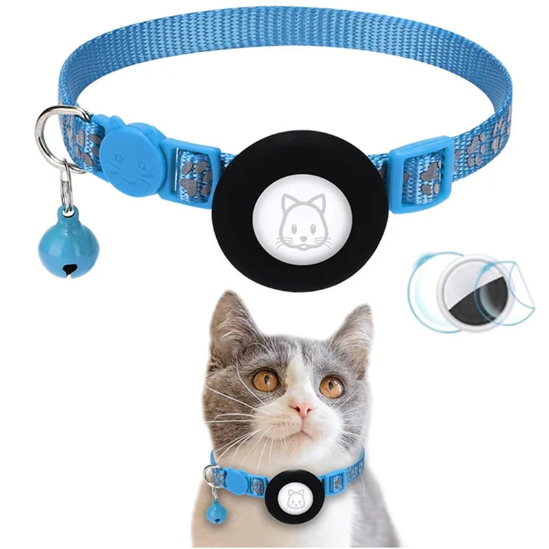 Paw Pattern Reflective Nylon Pet Collar with Silicone Case + Protective Film for AirTag Tracker ST - Sky Blue
