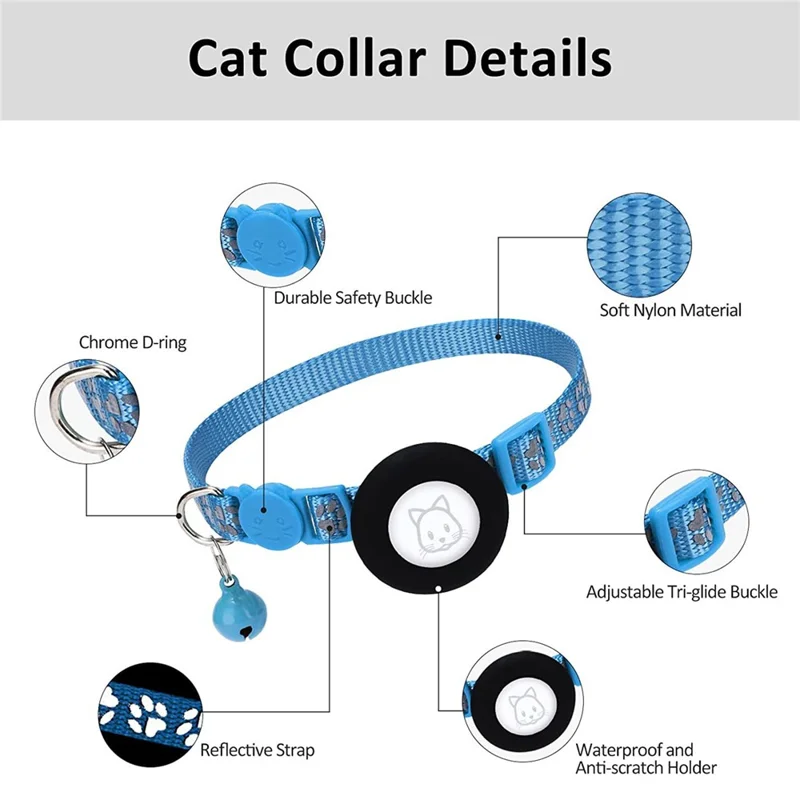 Paw Pattern Reflective Nylon Pet Collar with Silicone Case + Protective Film for AirTag Tracker ST - Sky Blue