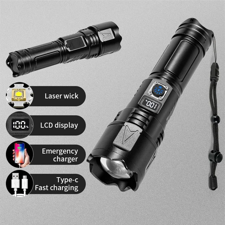 A03 Outdoor Waterproof Flashlight 30W Portable LCD Display Flashlight with Strap