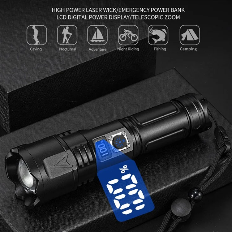 A03 Outdoor Waterproof Flashlight 30W Portable LCD Display Flashlight with Strap