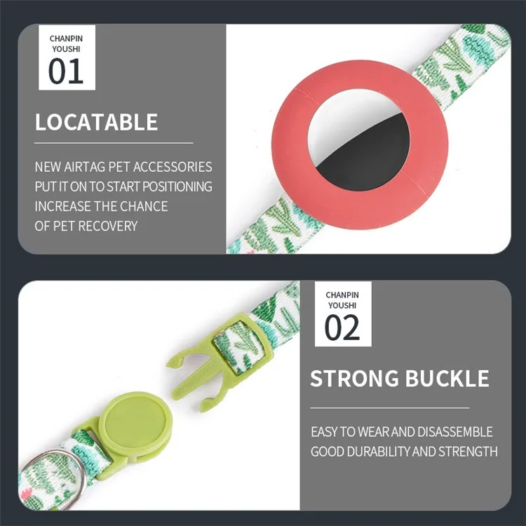 Adjustable Pet Collar with Silicone Case for AirTag Locator Bell Design Pattern Printing Cats Dogs Collar - Coconut Palm