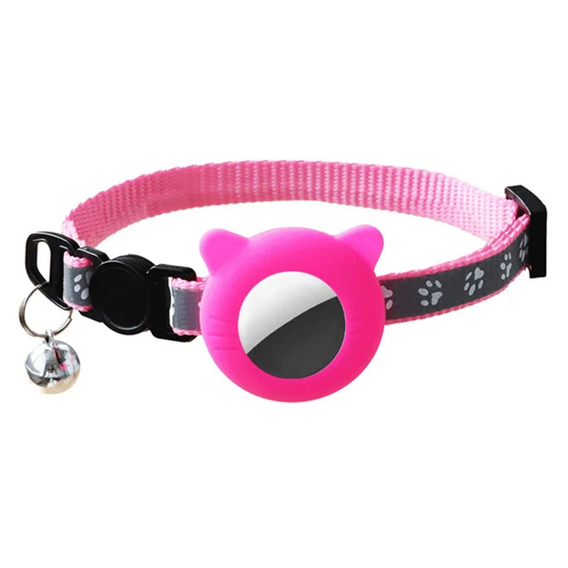 Pet Collar Adjustable Cat Dog Neck Collar with Silicone Protective Cover for Apple AirTag Tracker - Cat Ear Shape / Pink