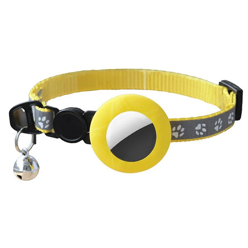 Pet Collar Adjustable Cat Dog Neck Collar with Silicone Protective Cover for Apple AirTag Tracker - Round / Yellow