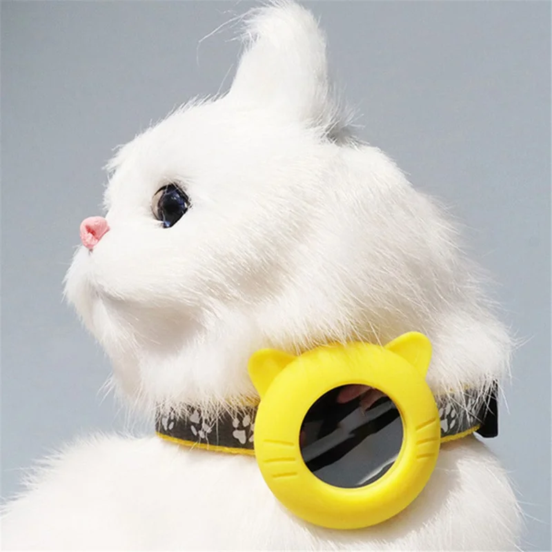 Pet Collar Adjustable Cat Dog Neck Collar with Silicone Protective Cover for Apple AirTag Tracker - Round / Yellow