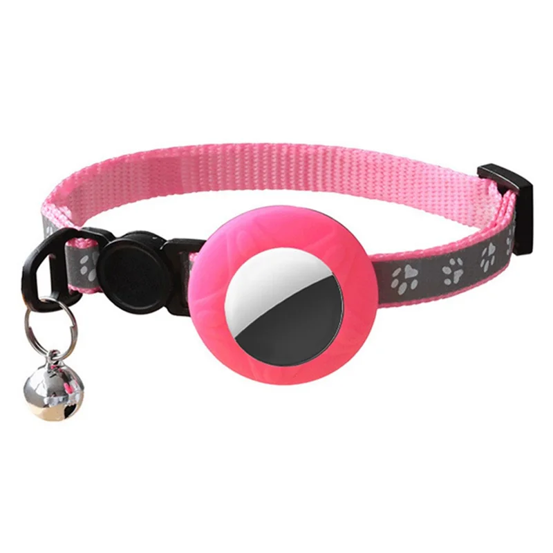 Pet Collar Adjustable Cat Dog Neck Collar with Silicone Protective Cover for Apple AirTag Tracker - Round / Pink