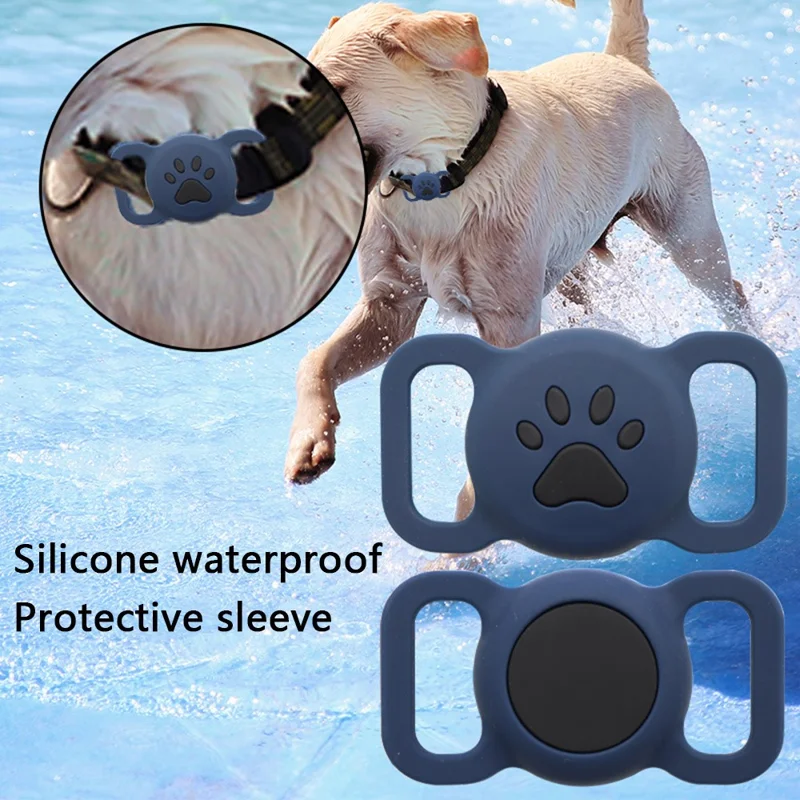 Size L Protective Cover for AirTag Paw Pattern Bluetooth-compatible Tracker Pet Collar Anti-lost Silicone Case - Blue