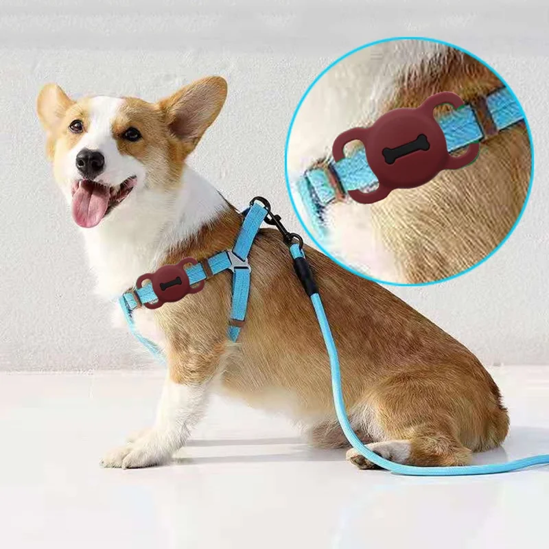 Size L Bone Pattern Silicone Cover for AirTag Bluetooth-compatible Tracker Pet Collar Protective Case - White