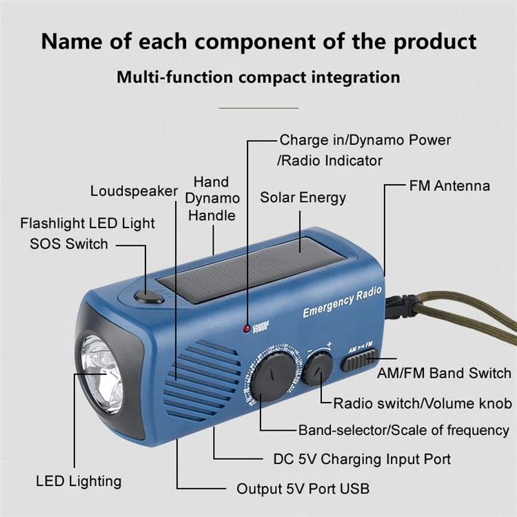 AZ-801 Multifunktionale Outdoor-Notfall-LED-Leuchte Handkurbel Solarstrom Radio Taschenlampe - Blau