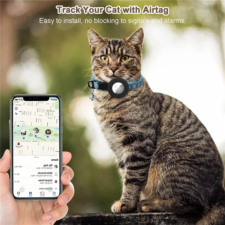 For AirTag Tracker Silicone Protective Cover Paw Print Reflective Pet Collar Strap with Bell - Blue