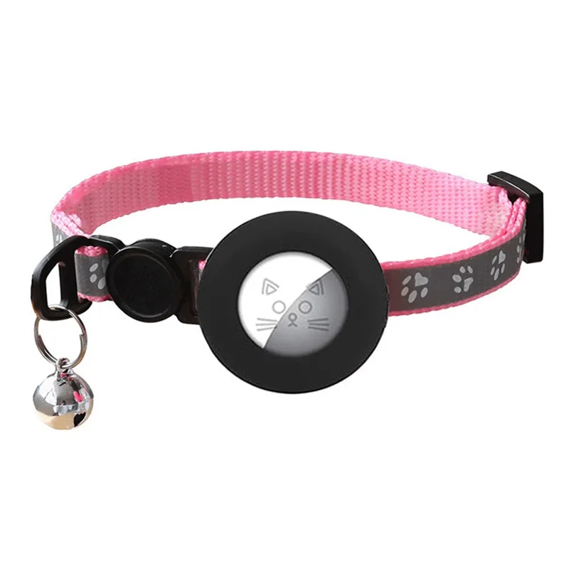 For AirTag Tracker Silicone Protective Cover Paw Print Reflective Pet Collar Strap with Bell - Pink