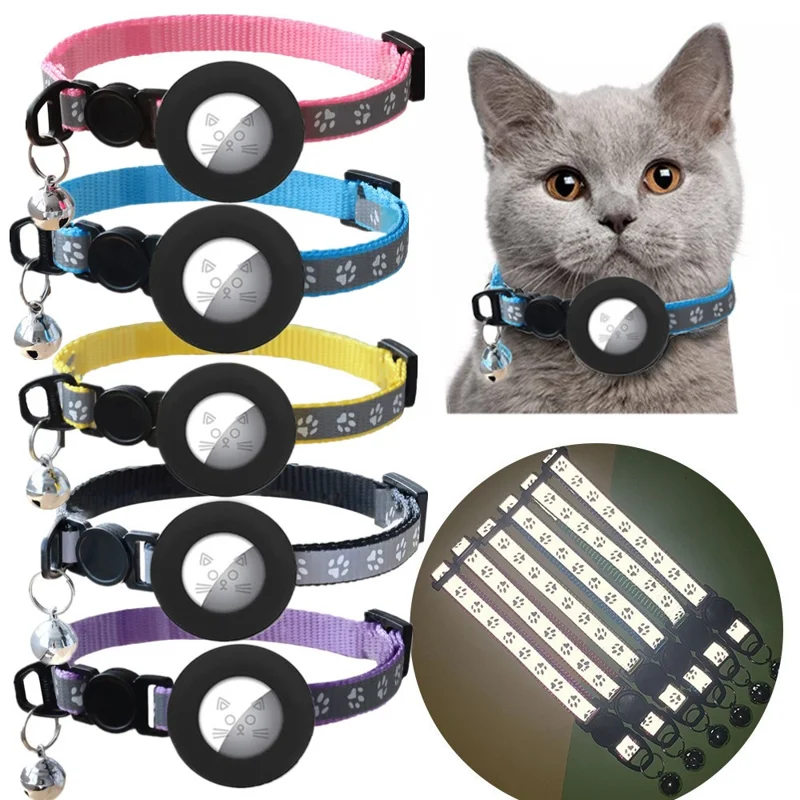 For AirTag Tracker Silicone Protective Cover Paw Print Reflective Pet Collar Strap with Bell - Pink