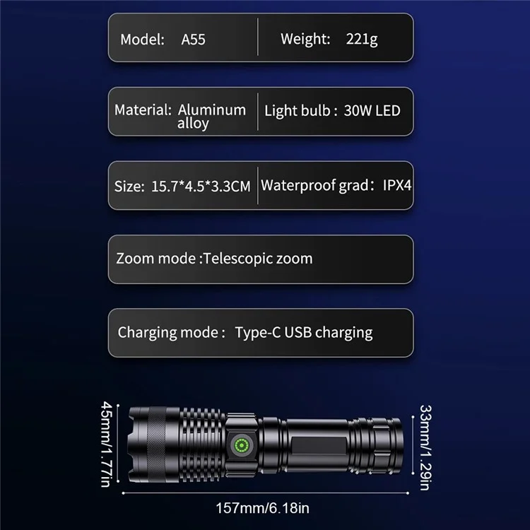 A55 Télescopic Zoom Lampes de Poche USB-C Torche Tactique LED Rechargeable Avec Lumière Laser Blanche