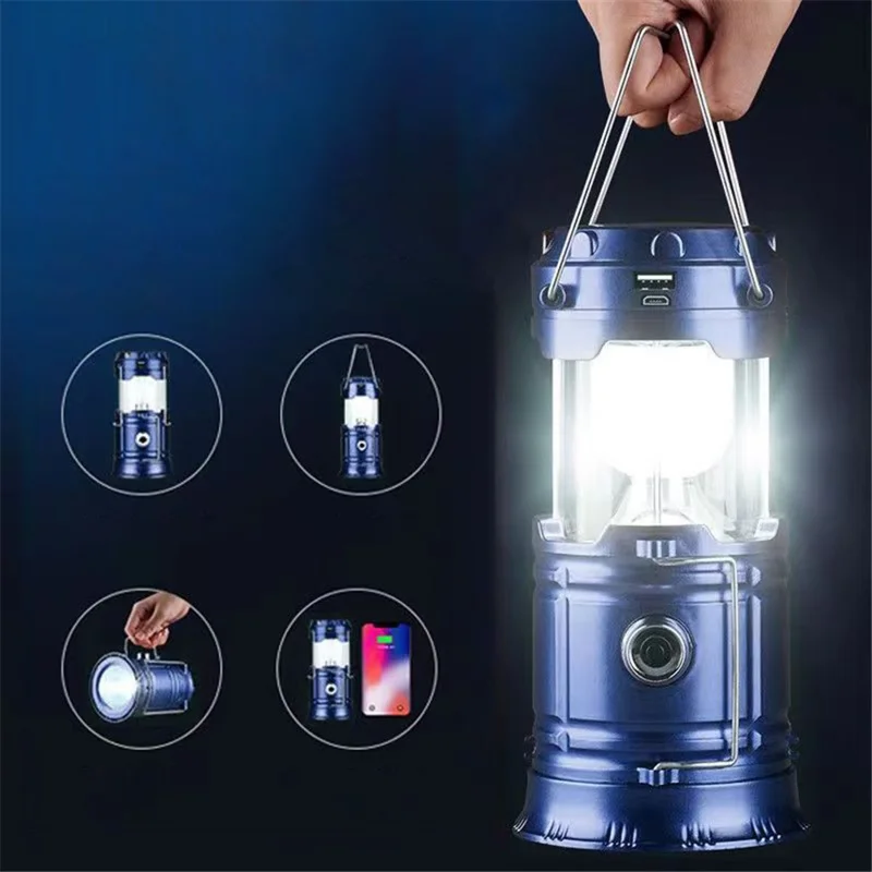 Solar Camping Light USB Charging LED Tent Lantern Lamp Phone Power Bank - Blue