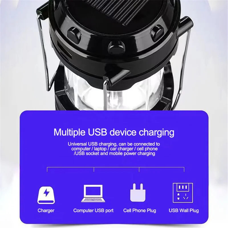 Solar Camping Light USB Charging LED Tent Lantern Lamp Phone Power Bank - Blue