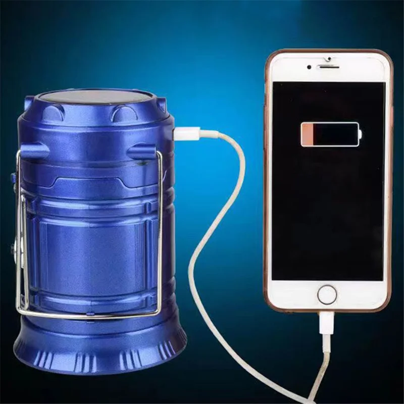 Solar Camping Light USB Charging LED Tent Lantern Lamp Phone Power Bank - Blue