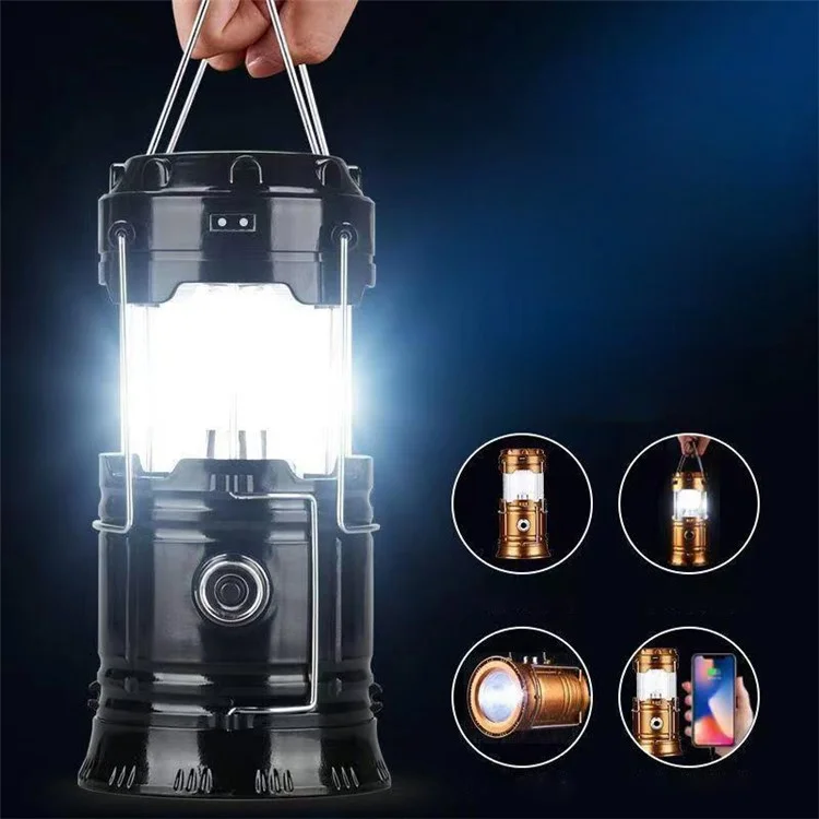 Solar Camping Light USB Charging LED Tent Lantern Lamp Phone Power Bank - Black