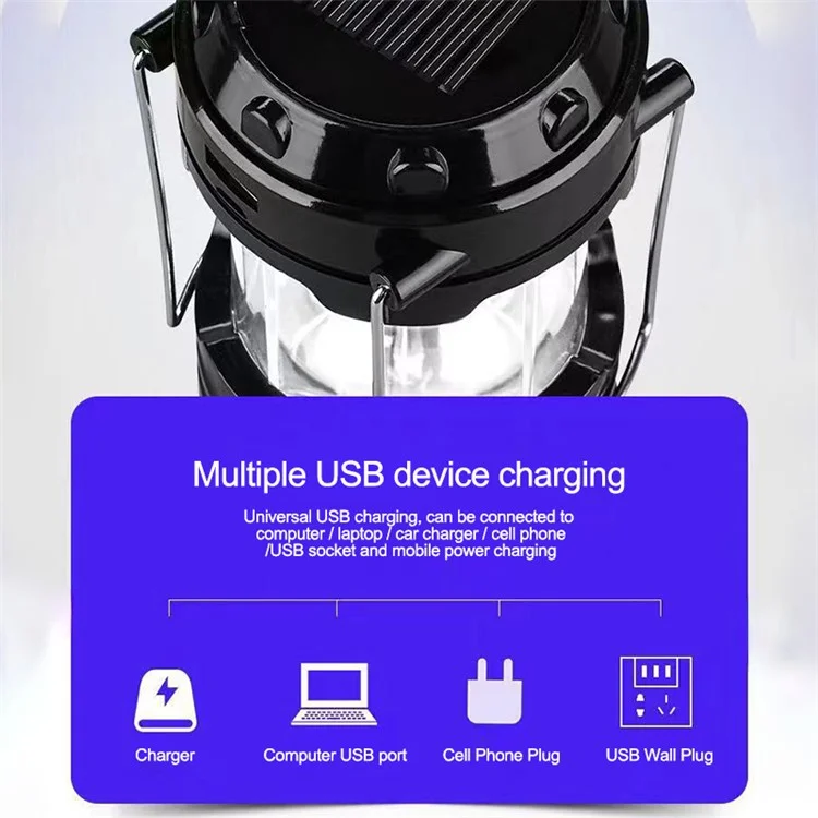Solar Camping Light USB Charging LED Tent Lantern Lamp Phone Power Bank - Black
