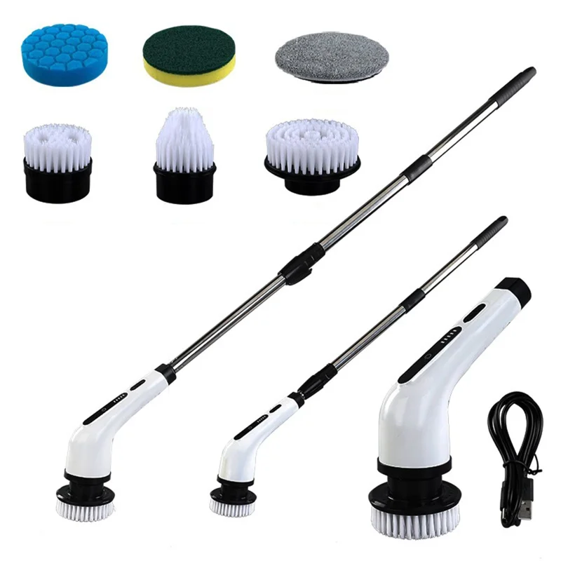 Long Handle Electric Spin Brush Cordless Shower Scrubber with 6 Replacement Heads - White