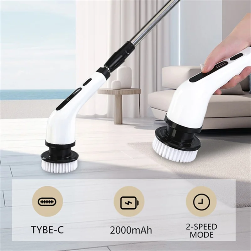Long Handle Electric Spin Brush Cordless Shower Scrubber with 6 Replacement Heads - White