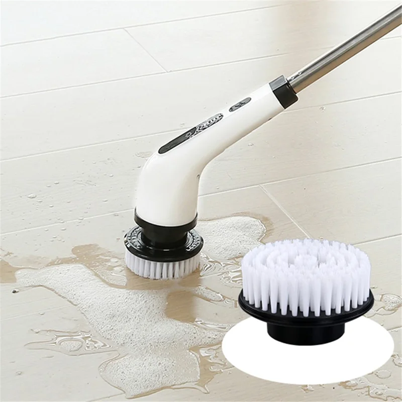 Long Handle Electric Spin Brush Cordless Shower Scrubber with 6 Replacement Heads - White