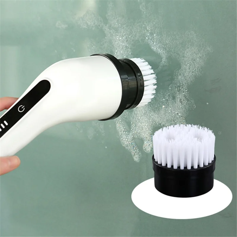 Long Handle Electric Spin Brush Cordless Shower Scrubber with 6 Replacement Heads - White
