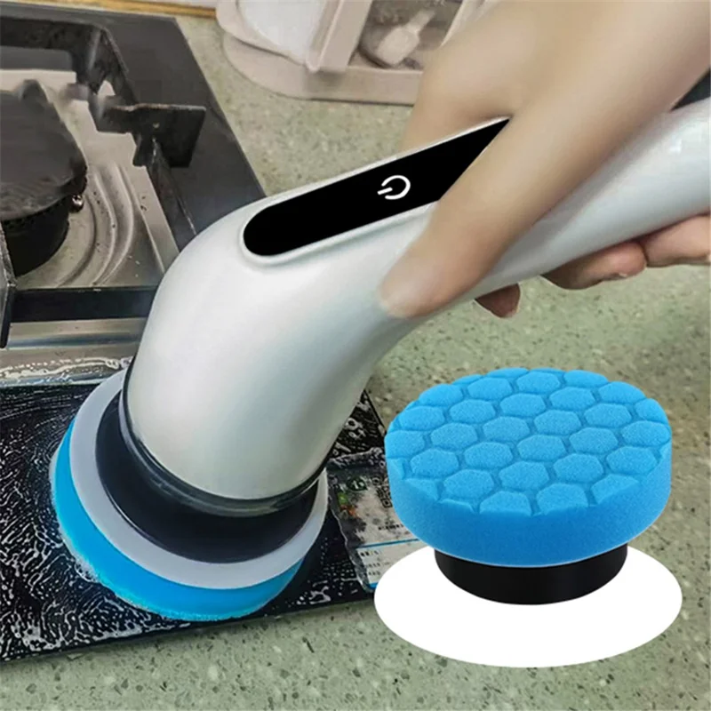 Long Handle Electric Spin Brush Cordless Shower Scrubber with 6 Replacement Heads - White