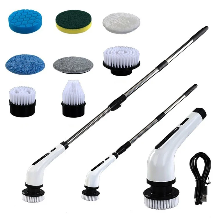 Long Handle Electric Spin Brush Cordless Shower Scrubber with 8 Replacement Heads - White