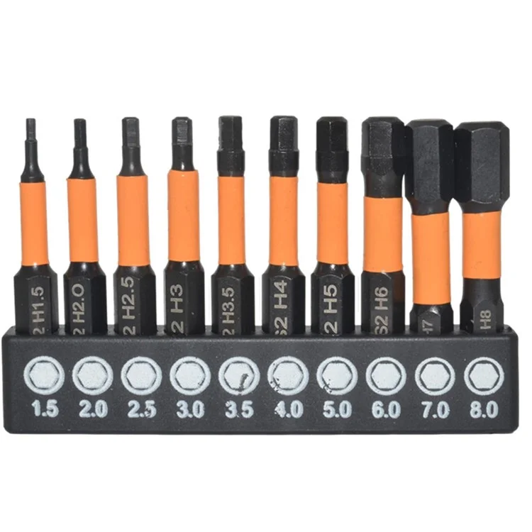 10 Pcs Métrique 1,5mm-8mm S2 Alliage d'Acier Embouts de Tournevis Hexagonaux Magnétiques, Longueur: 50mm