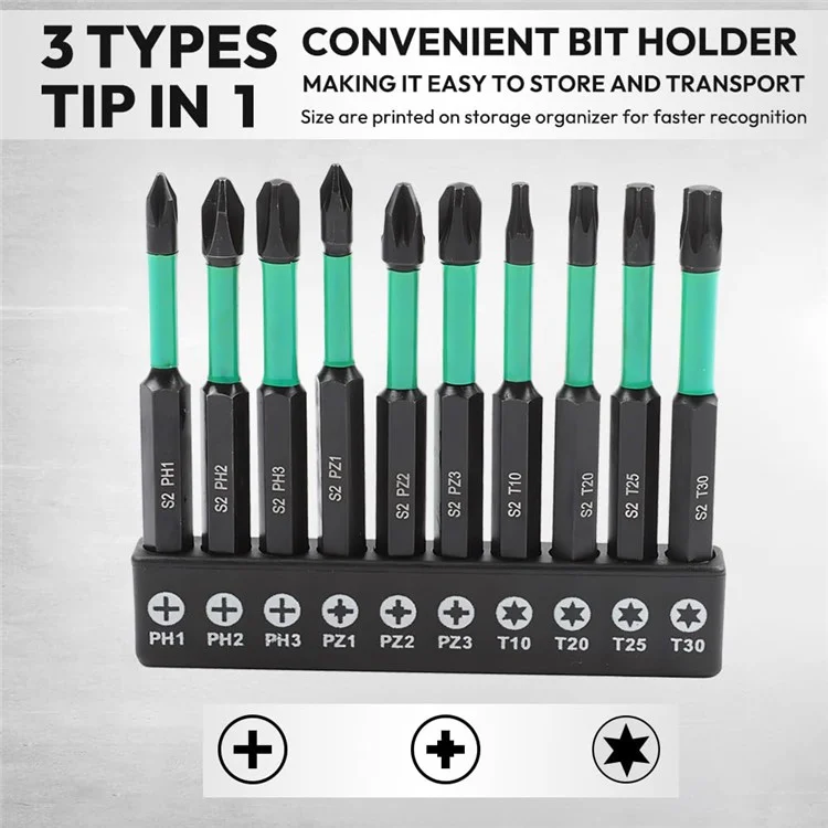 10Pcs Magnetic Hex Shank Electric Drill Bits Set S2 Alloy Steel Phillips Pozidriv Torx Bits