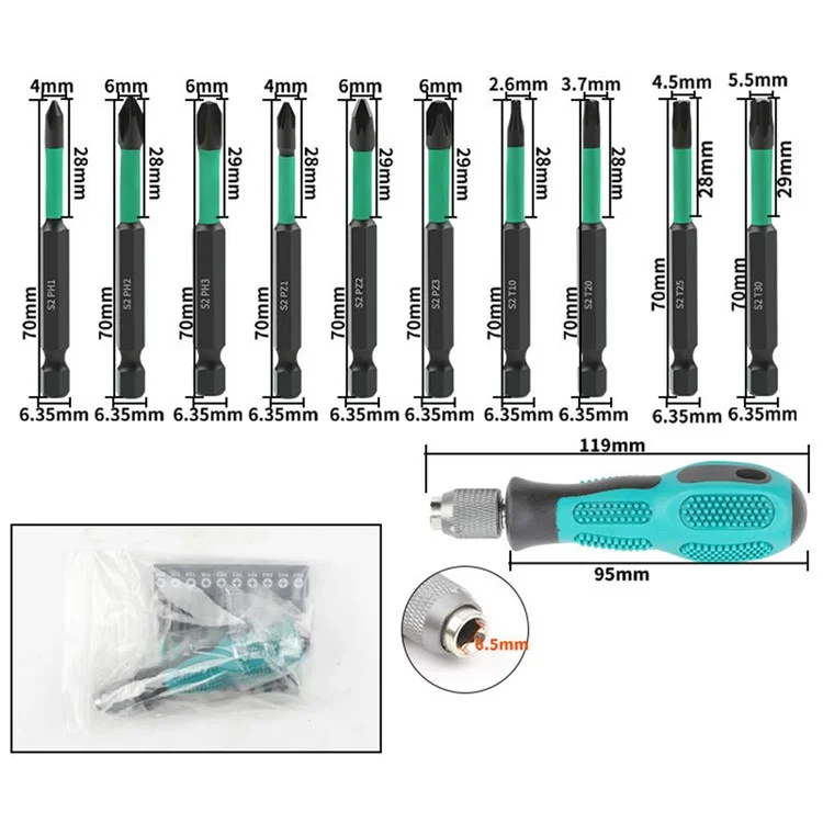11Pcs / Set Magnetic Hex Shank Electric Drill Bits S2 Alloy Steel Phillips Pozidriv Torx Bits with Screwdriver Handle