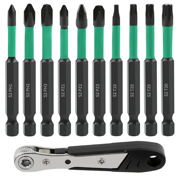 11Pcs / Set Magnetic Hex Shank Electric Drill Bits S2 Alloy Steel Phillips Pozidriv Torx Bits with Ratchet Wrench