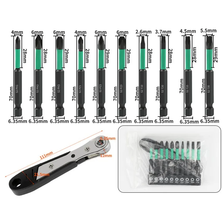11Pcs / Set Magnetic Hex Shank Electric Drill Bits S2 Alloy Steel Phillips Pozidriv Torx Bits with Ratchet Wrench