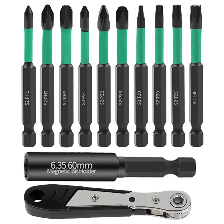 12Pcs / Set S2 Alloy Steel Phillips Pozidriv Torx Electric Drill Bits with Ratchet Wrench and Magnetic Bit Holder