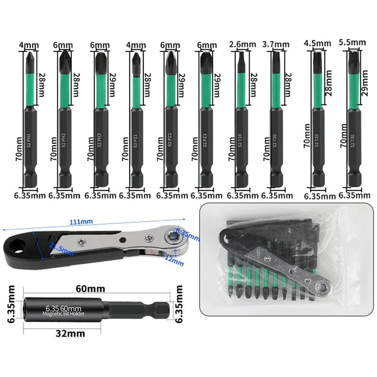 12Pcs / Set S2 Alloy Steel Phillips Pozidriv Torx Electric Drill Bits with Ratchet Wrench and Magnetic Bit Holder