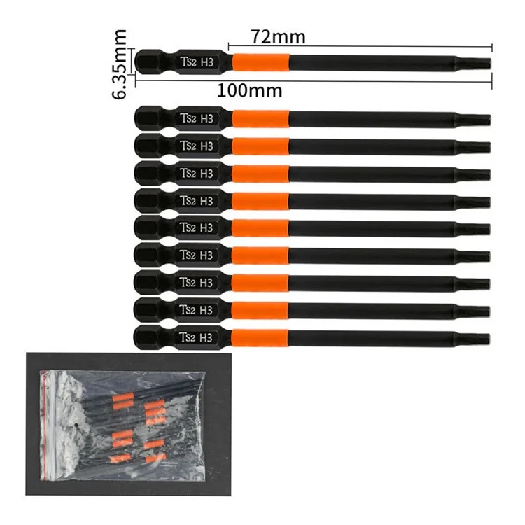 10 peças Conjunto de bits de chave de fenda hexagonal 100mm H3 TS2 Bit de broca magnética de aço para furadeiras elétricas e chaves de fenda