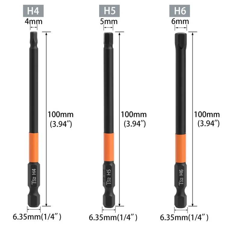 Conjunto de 6 pontas de chave de fenda com haste hexagonal de 100 mm H2, H2.5 H3 H4 H5 H6 TS2 em aço com imã