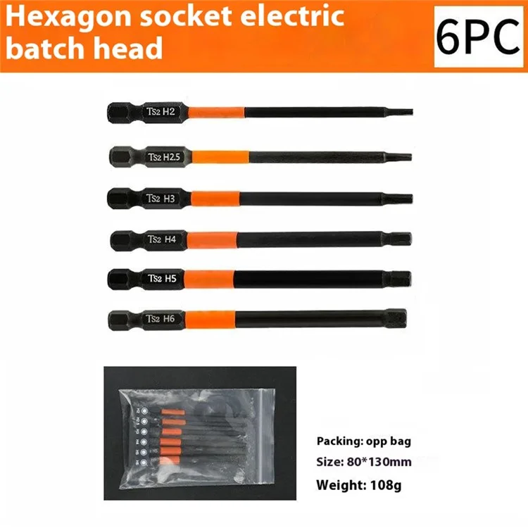 Conjunto de 6 pontas de chave de fenda com haste hexagonal de 100 mm H2, H2.5 H3 H4 H5 H6 TS2 em aço com imã