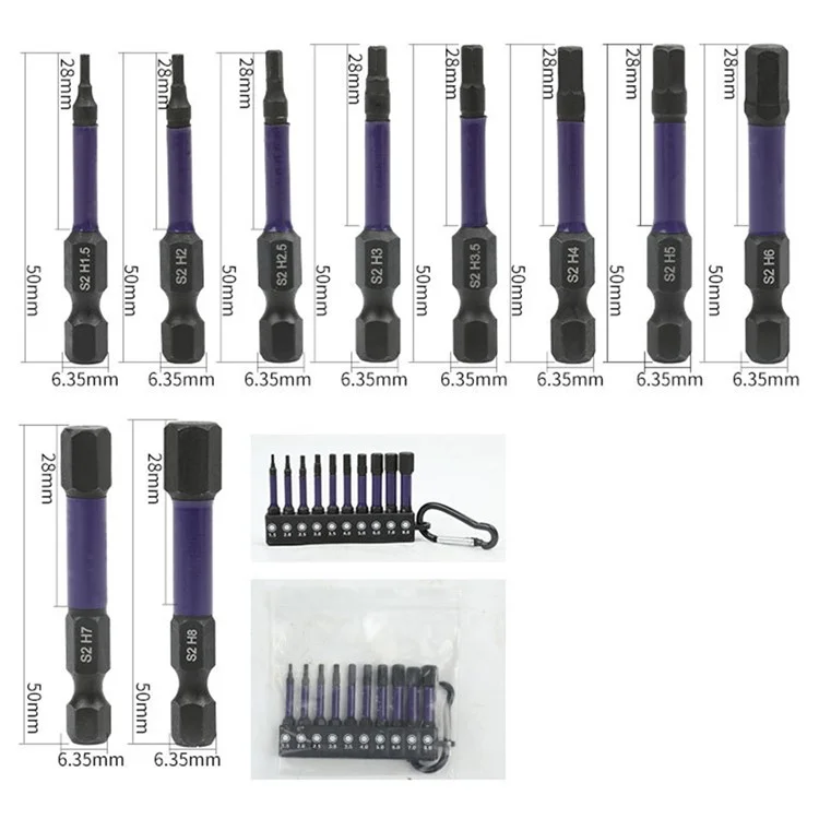 10Pcs  /  Set 50mm Rust Resistant S2 Alloy Steel Hex Shank Screwdriver Bits with Hanging Buckle