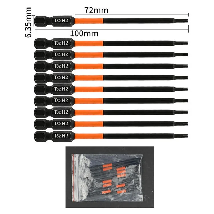 10 pièces / set 100 mm H2 anti-rouille S2 en alliage d'acier embouts de tournevis magnétiques à tige hexagonale