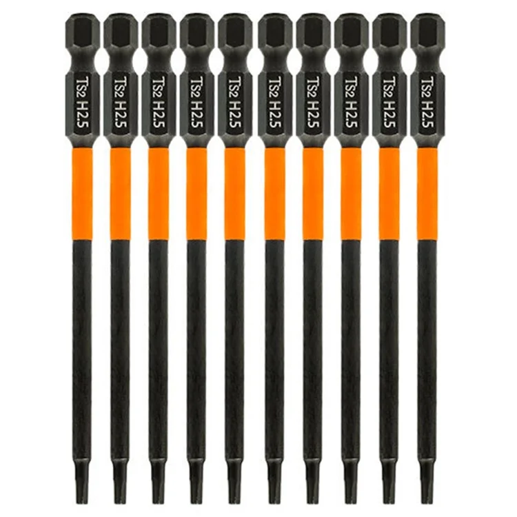 10 piezas / Juego 100 mm H2.5 Puntas de destornillador magnéticas hexagonales de acero aleado S2 antioxidantes