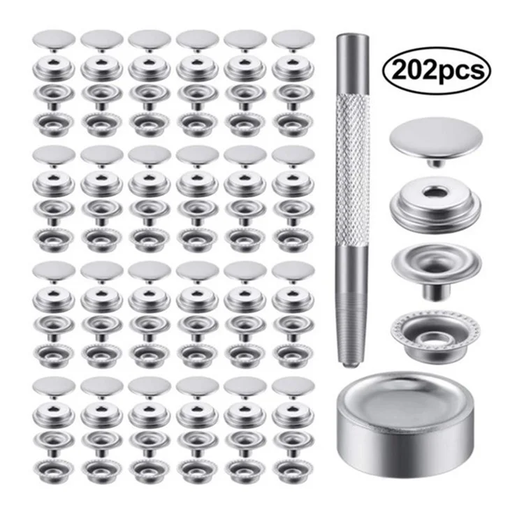 202Pcs DIY Metal Snap Fasteners 15mm Stainless Steel Press Studs for Leather / Canvas / Boat Covers / Upholstery
