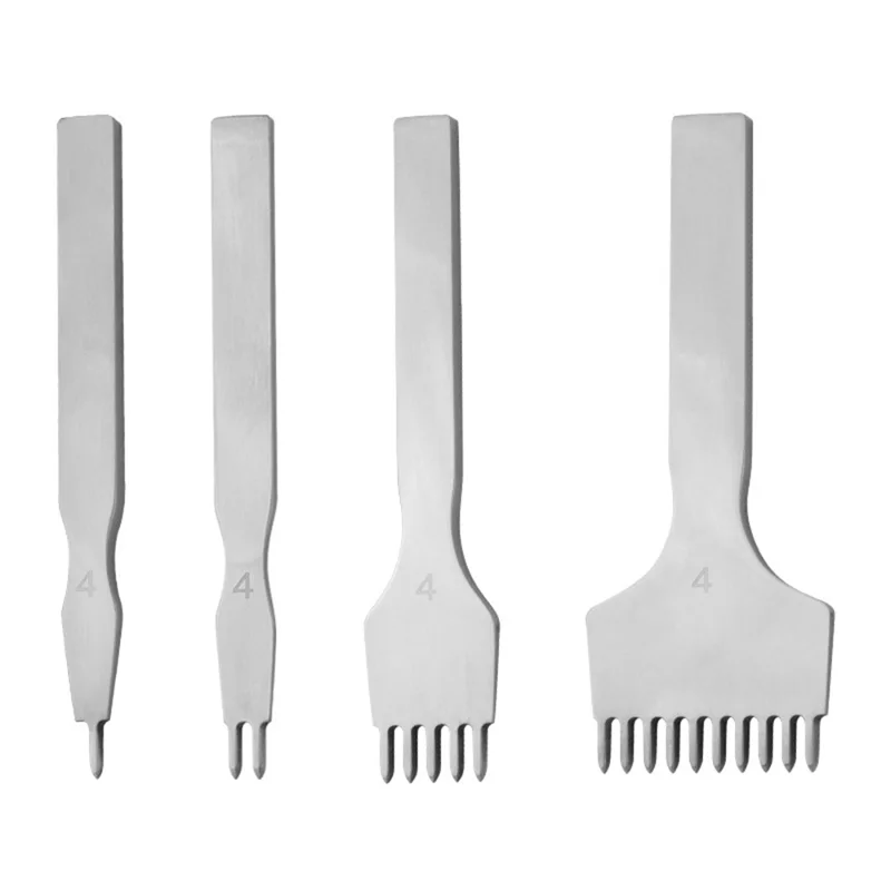 4Pcs DIY Leather Punch Tool Set 1 / 2 / 5 / 10 Tooth 4mm Spacing White Steel Diamond-Shape Chisel